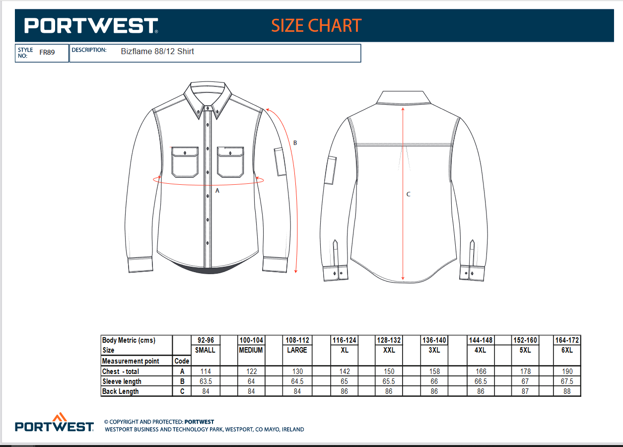 FR89 Portwest® Bizflame® 88/12 FR/AR Button Down Shirts - Size chart